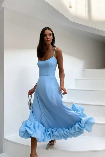 Woochic robe cocktail col en U ourlet à bretelles,trapèze bleu 4 S